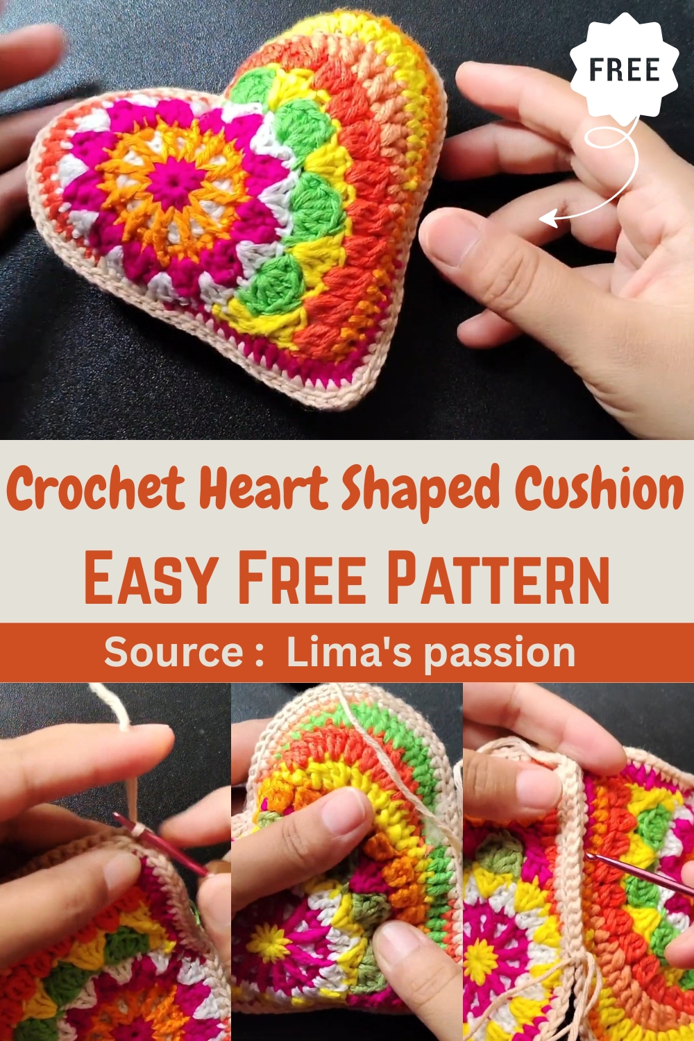 Crochet Mandala Heart Shaped Cushion pattern