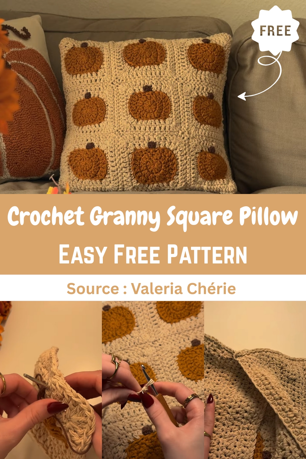 Crochet Pumpkin Granny Square Pillow
