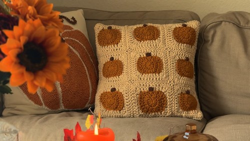 Crochet Pumpkin Granny Square Pillow 4