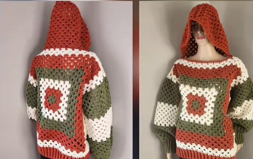 Crochet Hooded Bomber Sweater 4